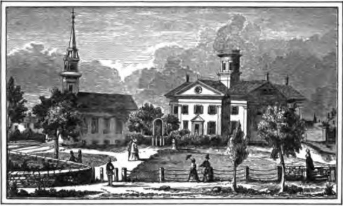 Drawing of a town with two large buildings in the background and several people walking in the forefront. Trees are also interspersed throughout.
