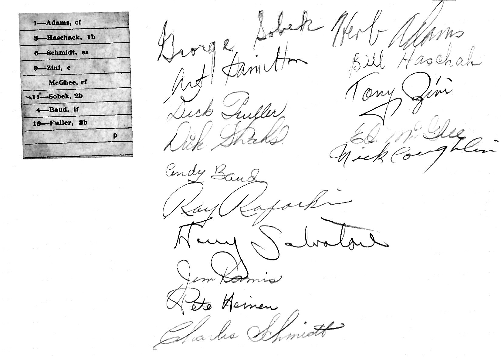 Back of team photo of the Hot Springs Bathers  signed by players, 1948