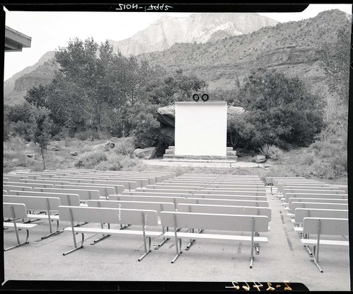 New amphitheater at South Campground, seats and screen.
