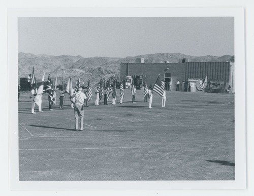 Black and white image of JOTR Bicentennial exhibit at Flag Day ceremonies