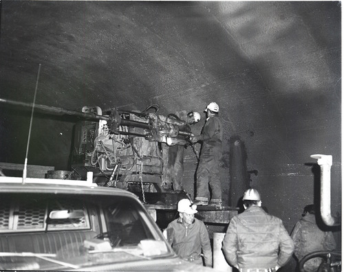 Machinery and crews drilling test cores in Zion-Mt. Carmel tunnel.