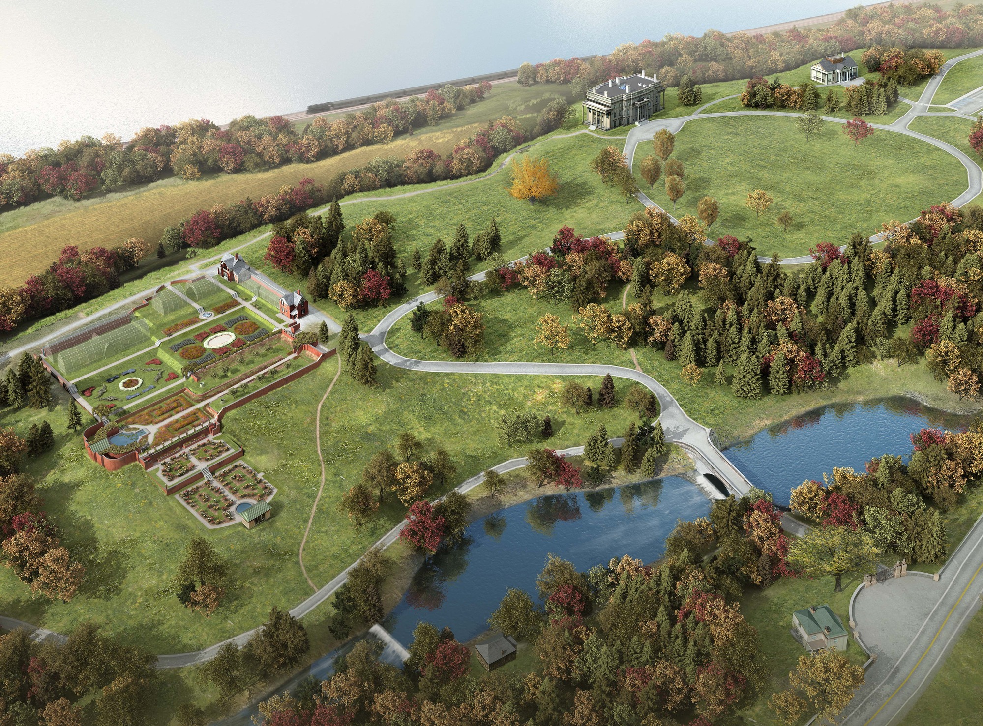An artist's rendering of the park, nestled between the Hudson River and Route 9. Roadways, paths, a pond, buildings, and gardens are among mowed lawns. An accessible version of the brochure is available on the park website.