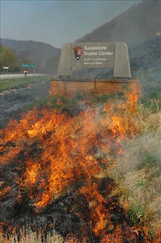 Prescribed fire activities near the Sandstone Visitor Center in New River Gorge National Park and Preserve in January 2007.