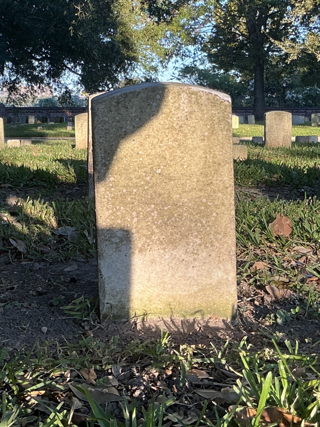 Back of historic upright marble headstone with recessed shield face.