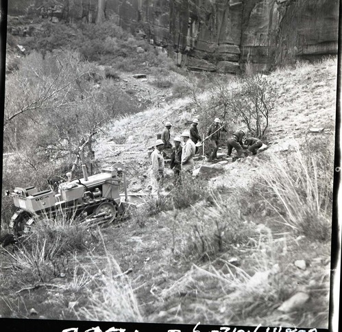 Equipment and crews used in East Rim Trail reconstruction in 1963.