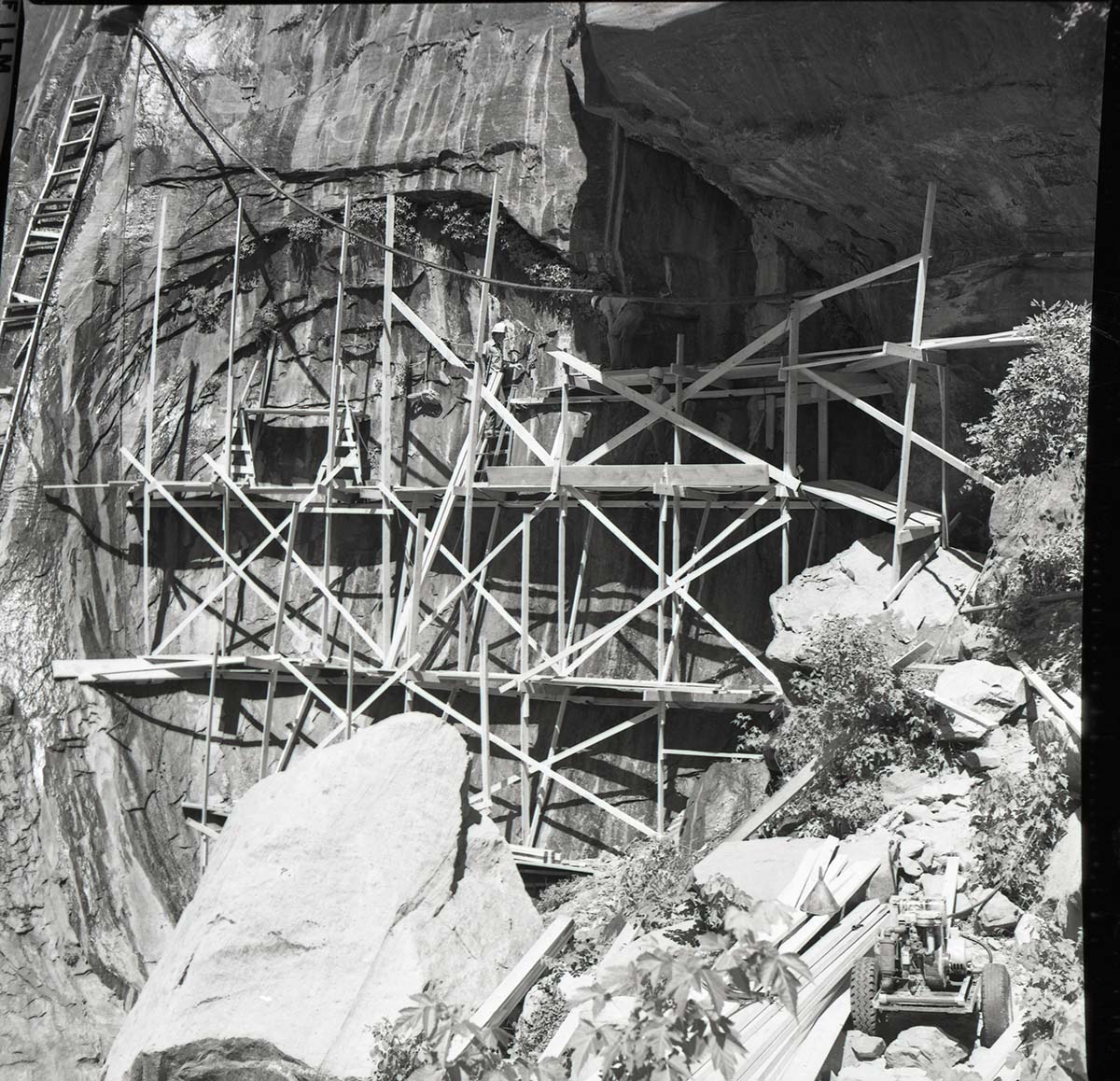 Scaffolding and crew member used for upgrading of water system at Temple of Sinawava.