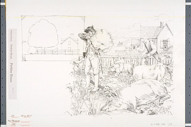 Conceptual illustration depicts a trust servant (government servant) shooting at Samuel Perkins' hogs inside the town wall as Perkins attempts to round them up. Six hogs in all were shot while raiding a garden.