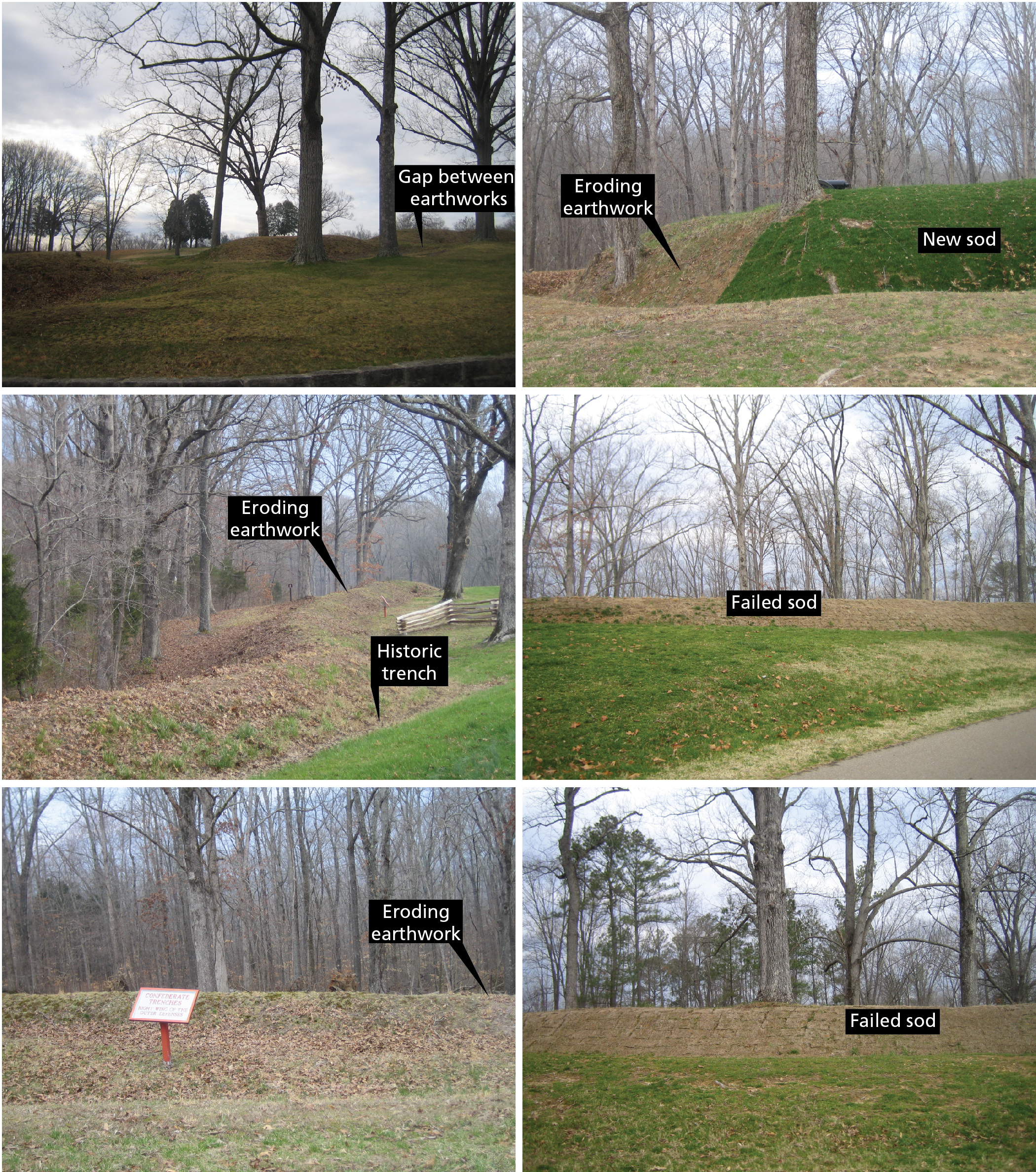 Photographs of eroding earthworks. Earth surface processes are slowly muting the raised earthworks across the battlefield. Attempts to revegetate and stabilize the earthworks with sod have had mixed results.