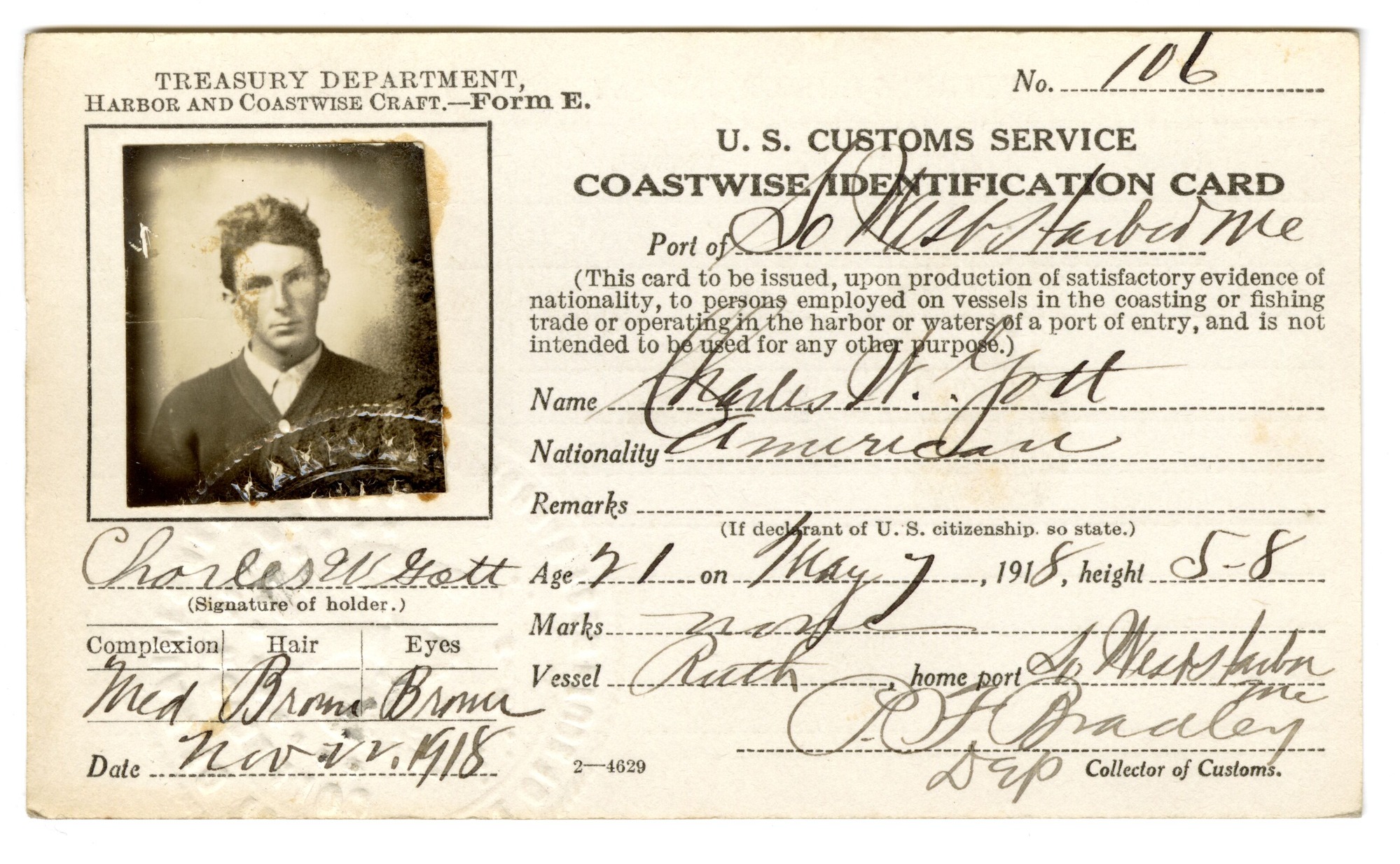 Charles W. Gott 1918 Coastwise Identification Card