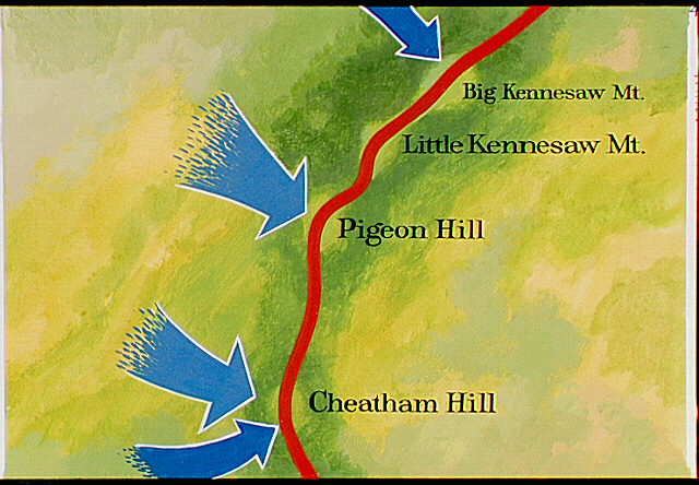 Map showing precise Union strike areas (blue arrows) along Kennesaw Mountain, Little Kennesaw Mountain, Pigeon Hill, and Cheatham Hill.