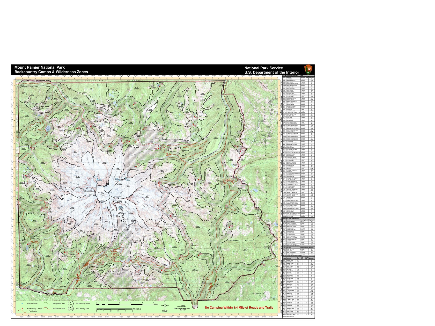 A large map of Mount Rainier National Park with tables listing locations of backcountry camps and wilderness camping zones. The map has a topographic background overlaid with lines marking the borders of each wilderness zone. Shaded areas border each road and trail indicating areas closed to camping. Backcountry camps are marked by red triangles. Alpine camps by blue triangles. 