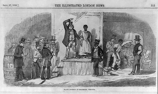 Newspaper etching of a slave auction.