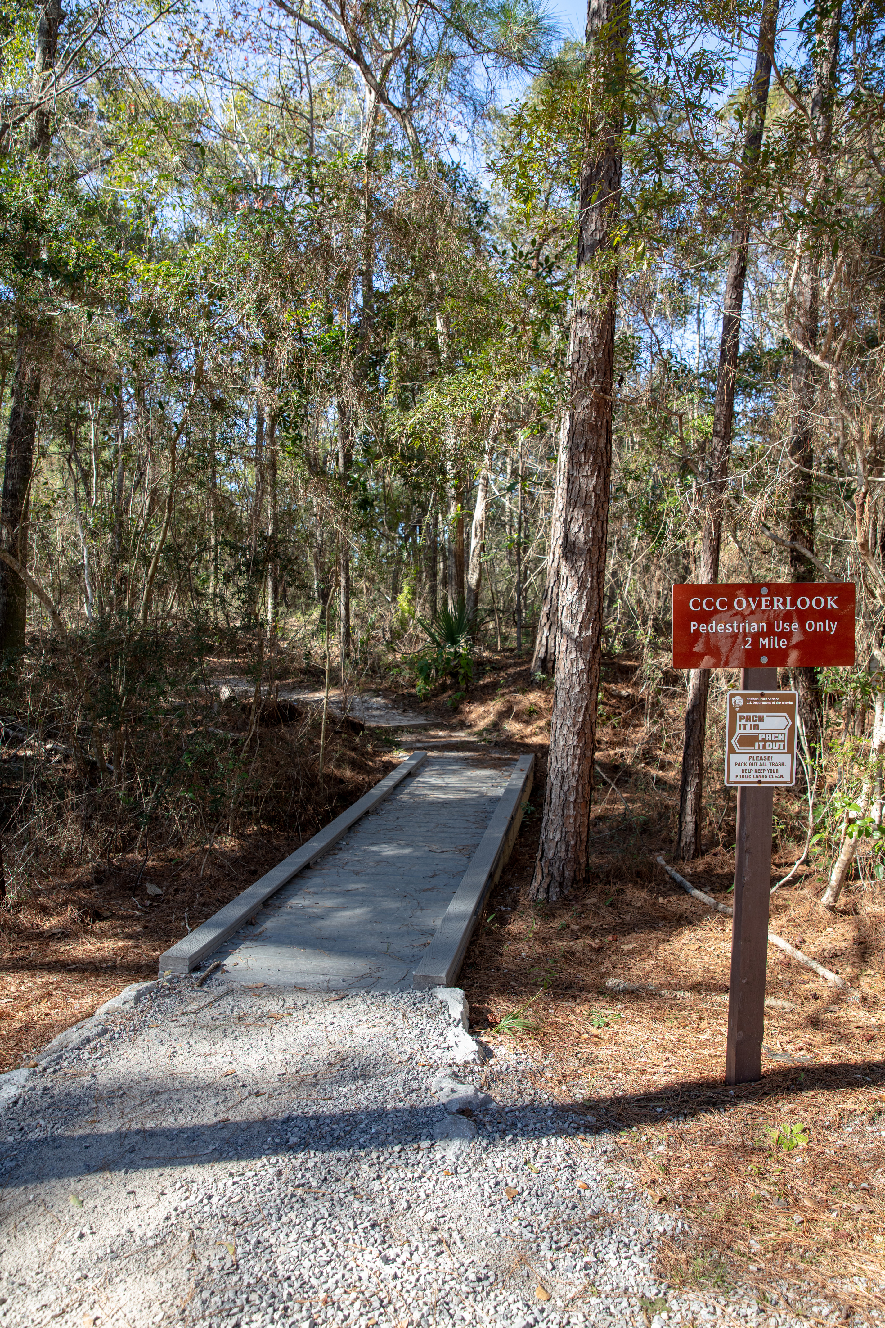 A sign for the CCC Overlook stands at the beginning of a boardwalk trail.