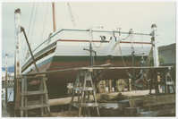 Alma (built 1891; scow schooner) in dry dock, circa 1989. Various views of Alma (built 1891; scow schooner) in drydock.