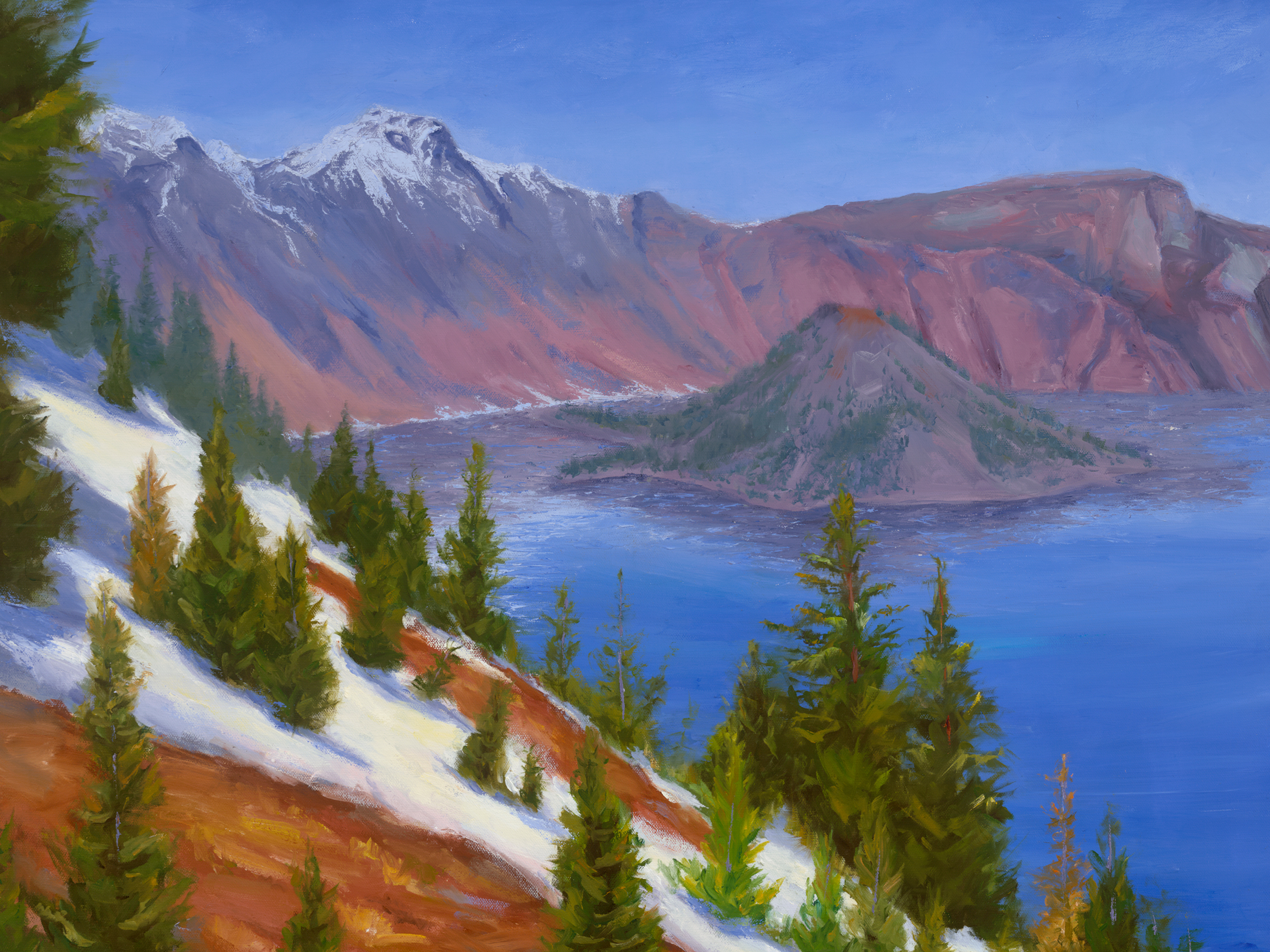An oil painting depicting Crater Lake.