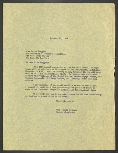 National Council of Negro Women, Correspondence, 1949