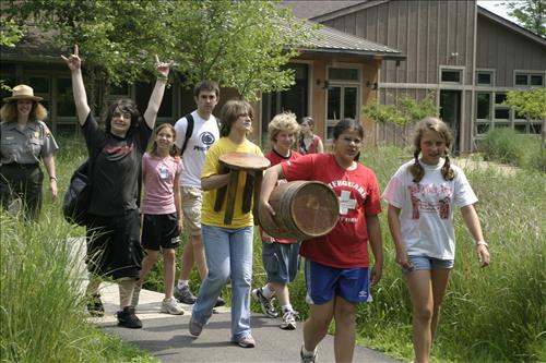 Summer theater campers walking