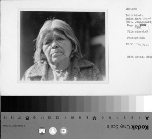 Native American Mary Leonard (Mrs. Jim Leonard). Historical data.