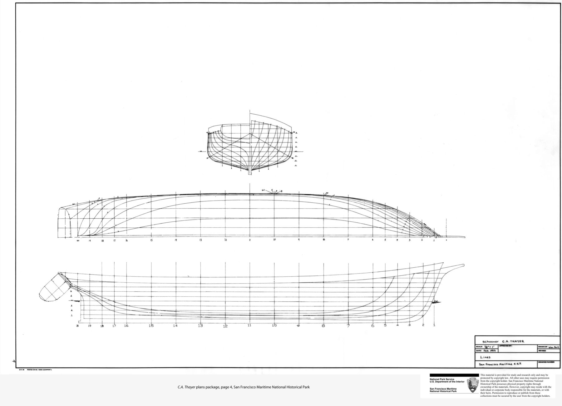 Lumber schooner C.A. Thayer : plans package includes 1 outboard profile and 6 construction detail drawings by Tri-Coastal Marine, Inc. ; the three lines drawings were produced by Bill Doll