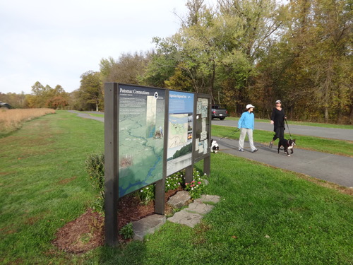 Two visitors walk their dogs by a three-panel interpretive kiosk on a cloudy day. 