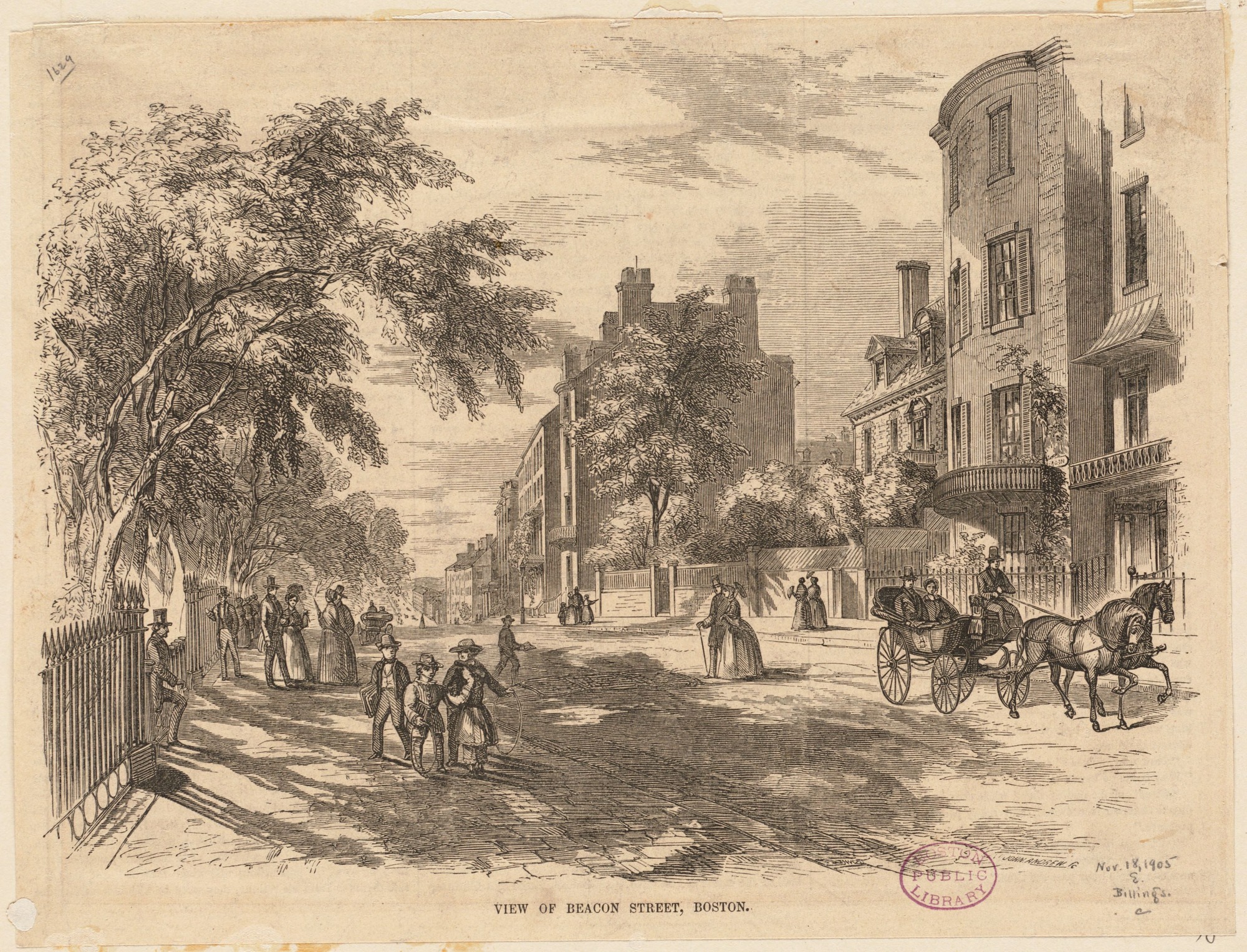 Drawing of a busy street with people walking, horse and carriage, buildings and trees in the background.