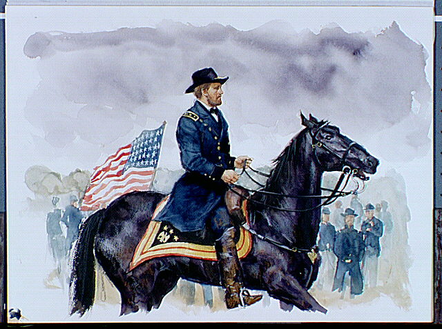Union General Ulysses S. Grant riding passed troops with Union flag evident.
