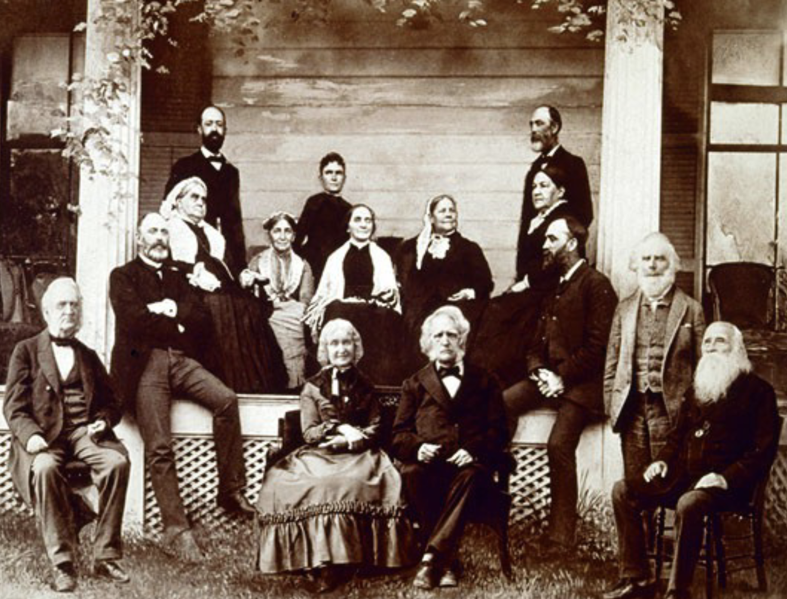 Group portrait of members of the New England Woman's Club, including both men and women, ca. 1870-1880.