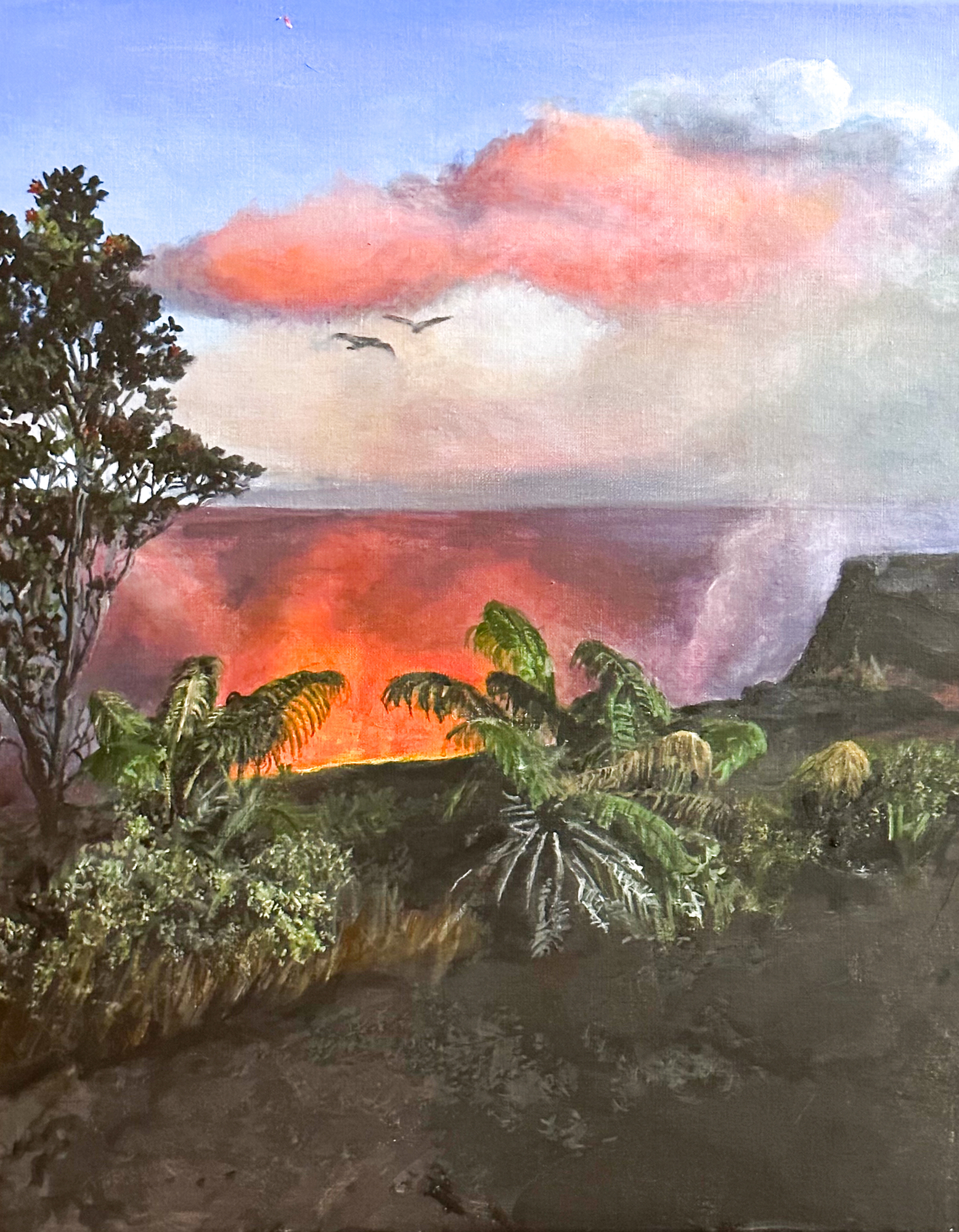 A painting of a glowing volcanic crater surrounded in trees and ferns wtih two birds flying above 