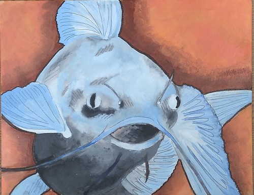 Acrylic painting of a blue catfish with its mouth agape surrounded by orange color.