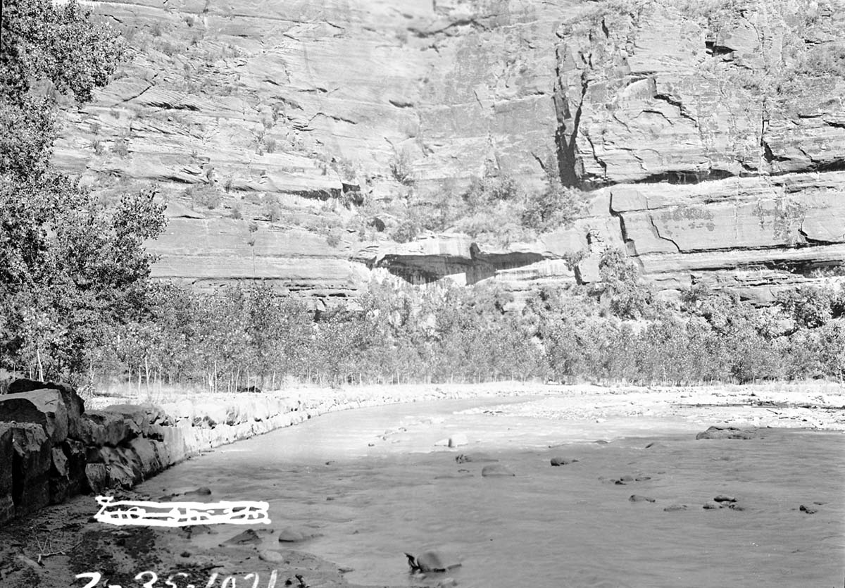 Rock wall or dike constructed along the riverbank at the Temple of Sinawava.