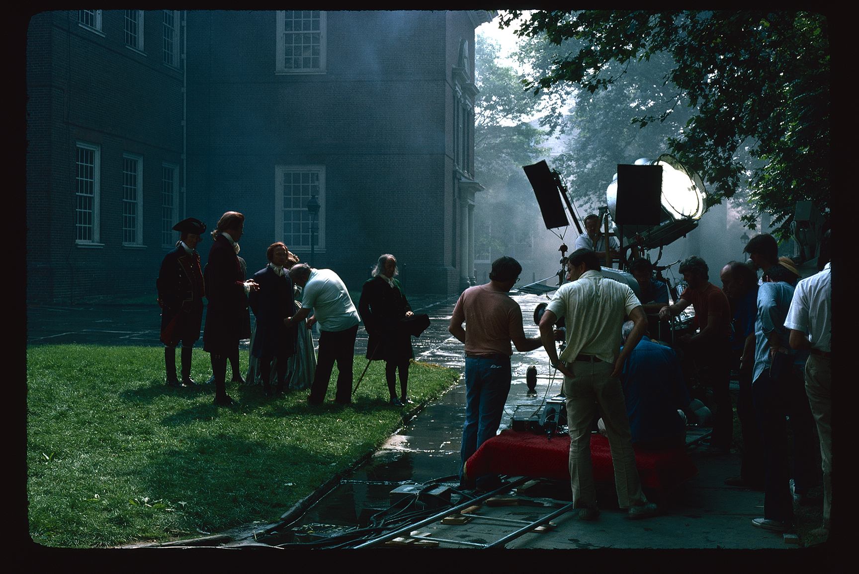 Independence Hall. Exterior. Looking east from Independence Square, towards tower entrance. Making of "Independence" John Huston Visitor Center Film.