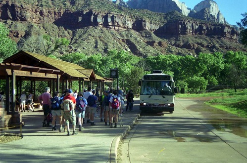 Color Photos of the official launch of the Zion shuttle system- same day as the new visitor center opening.