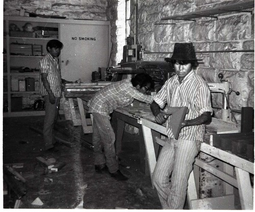BW Photo of Navajo workers in wood shop.