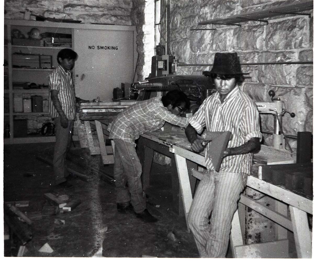 BW Photo of Navajo workers in wood shop.