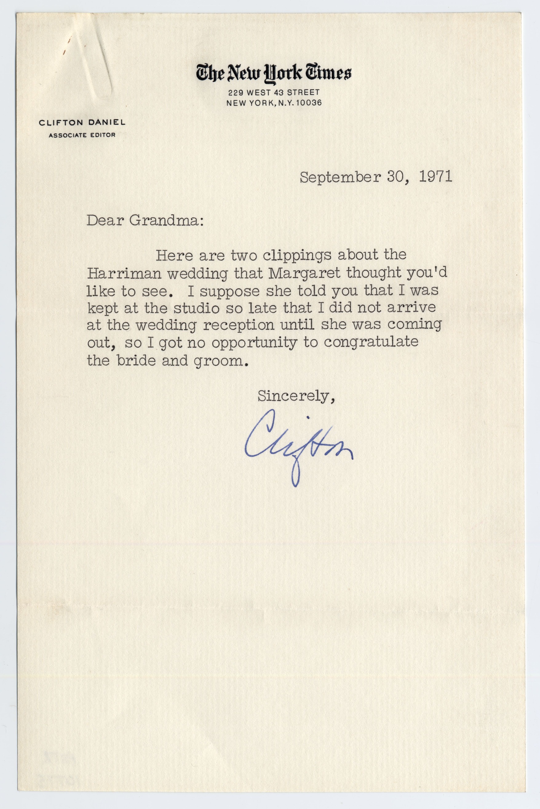 A letter typed on white stationary.