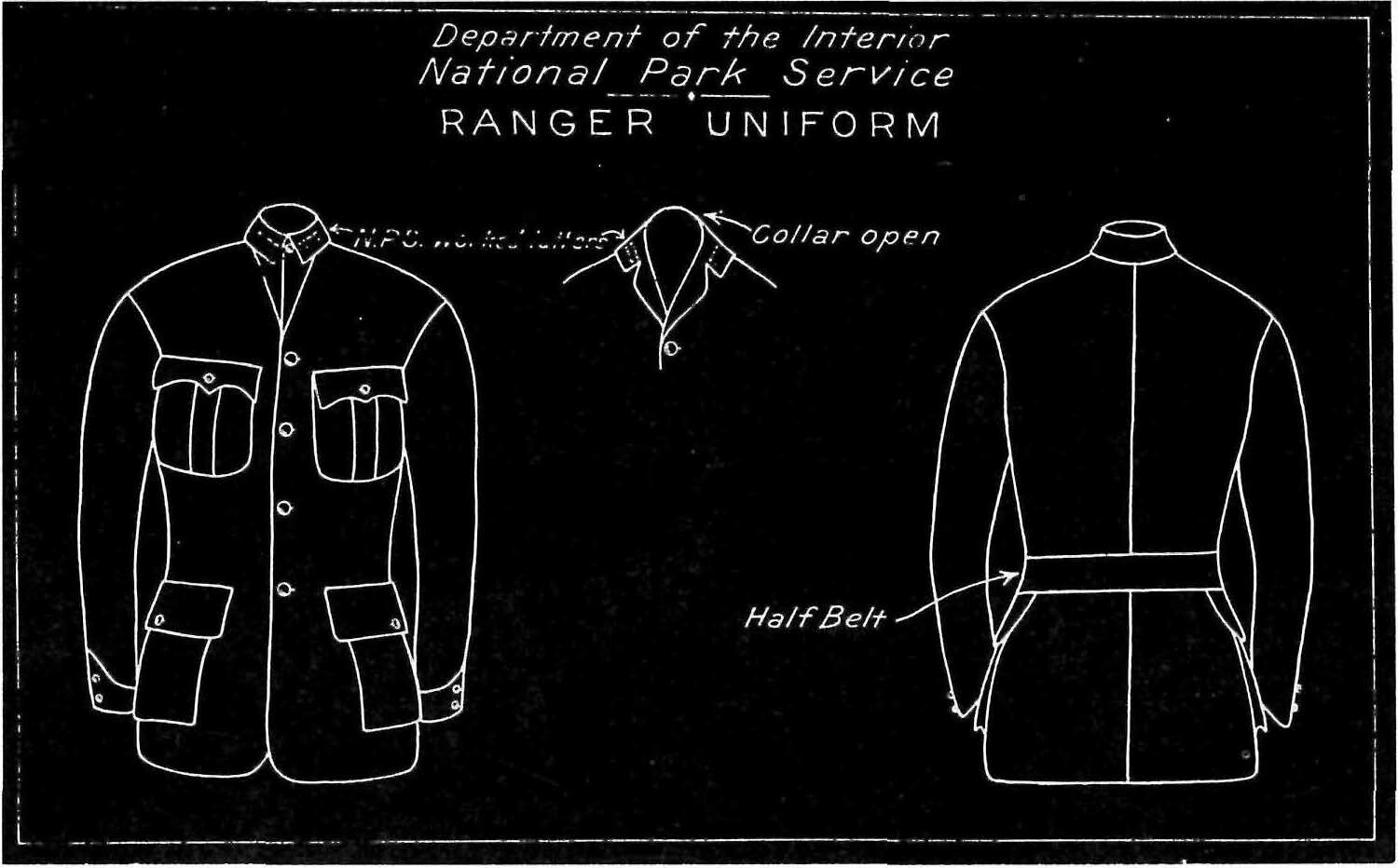 Line drawing of front and back views of the 1920 ranger uniform coat.