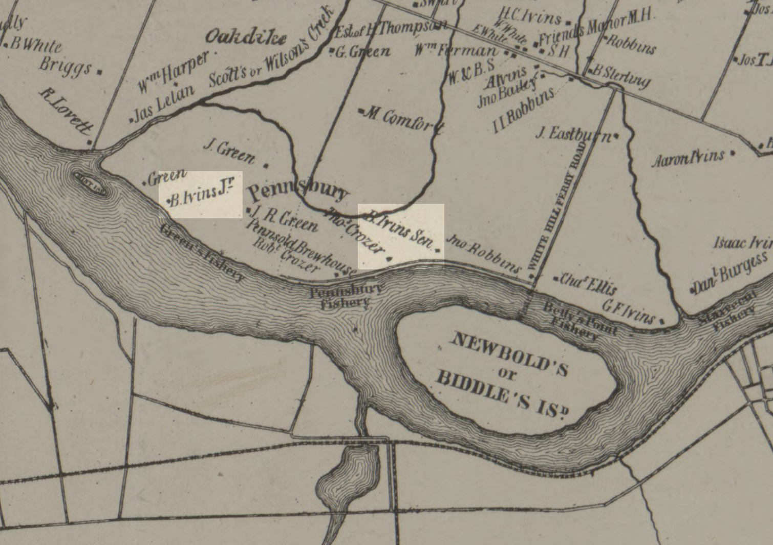 Clip of a map of Falls township with Ivins Jr. and Sr. highlighted.