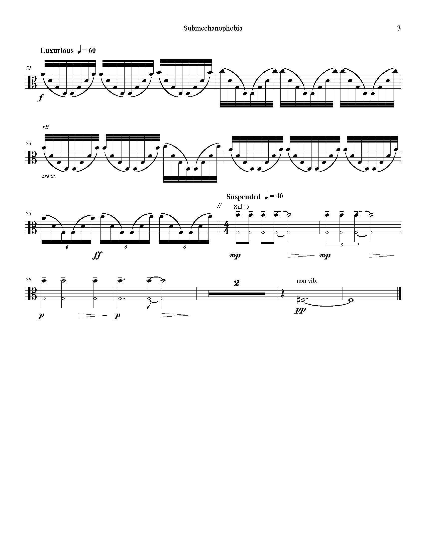 This is the third page of the viola part for "Submechanophobia," by Eric L. McIntyre, a string quartet. There is variability in tempo, Luxurious (60bpm) from measure 70 to 74, Suspended (40bpm) from measure 76 to end.