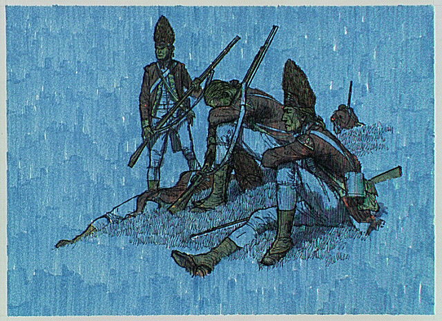 Night scene: exhausted British soldiers lying on the Charlestown slopes.