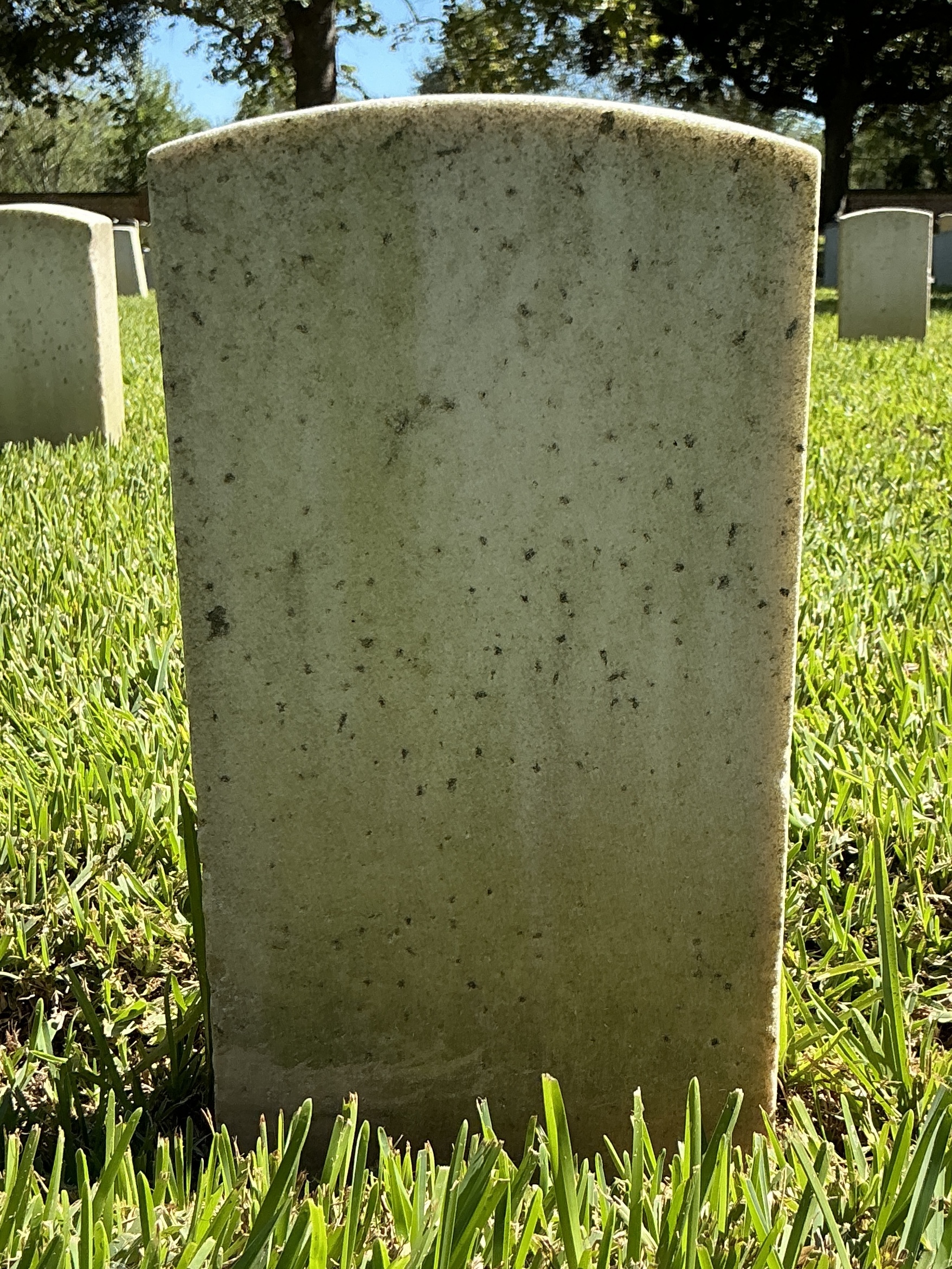 Back of historic upright marble headstone with recessed shield face.