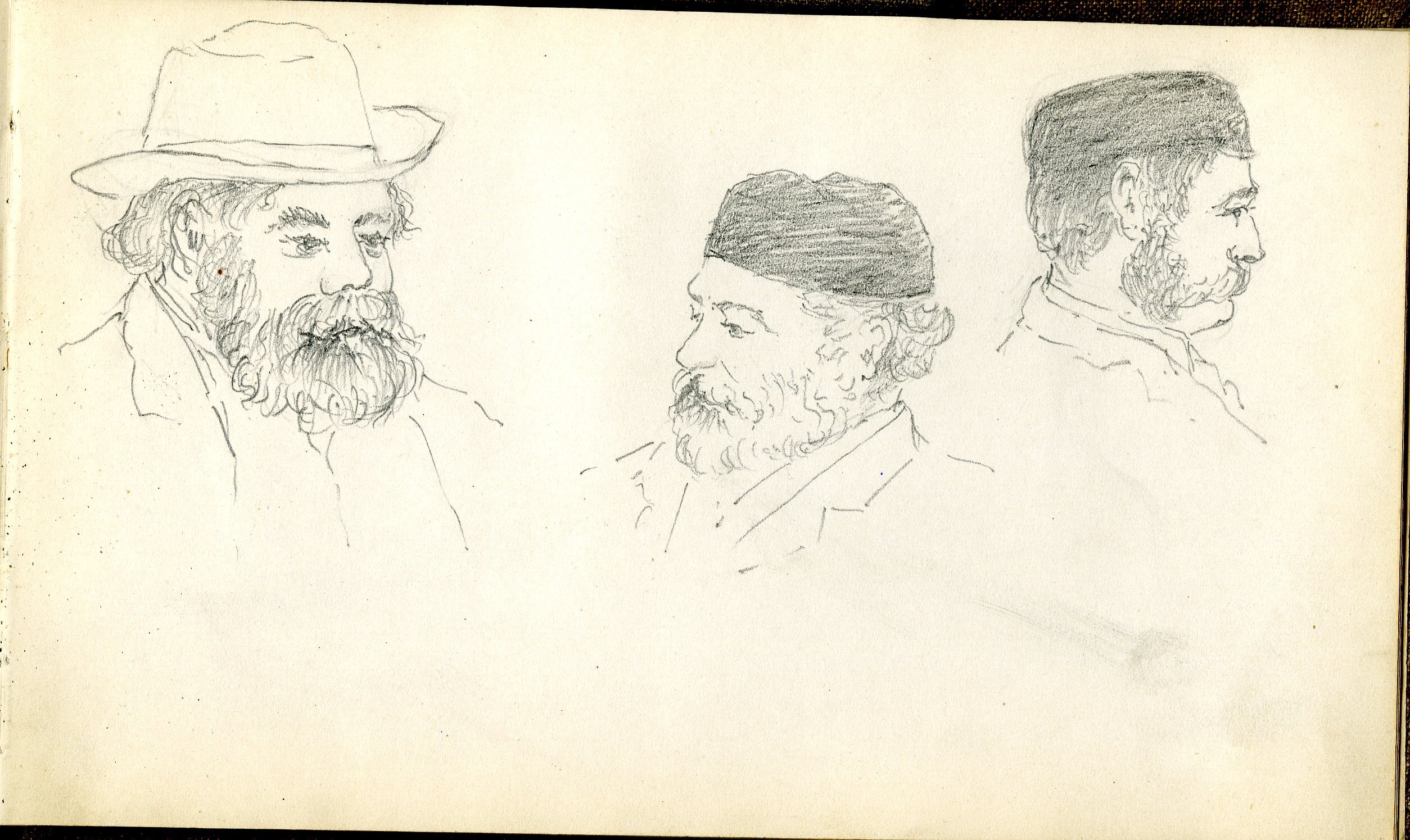 Three studies of men with beards and mustaches.
