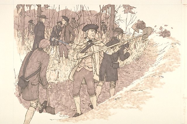Scene depicts Patriot militiamen under the command of Colonel Alexander Lillington digging earthwork entrenchment near Moores Creek Bridge.