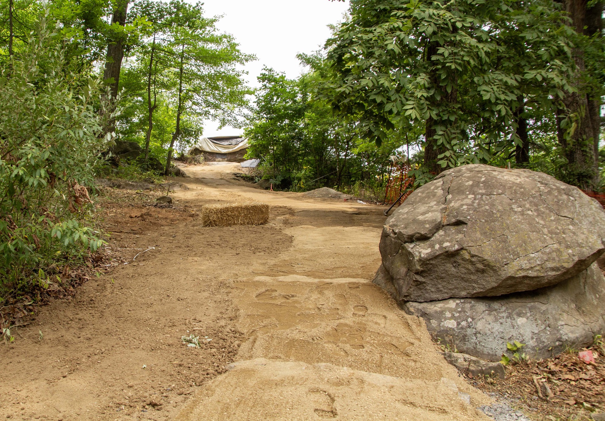 A brown secondary path leads to a large boulder covered in a black tarp, with trees and large rocks seen in the picture.