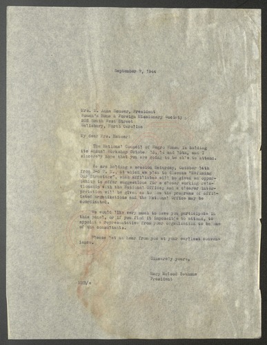 National Council of Negro Women correspondence, March - September 1944