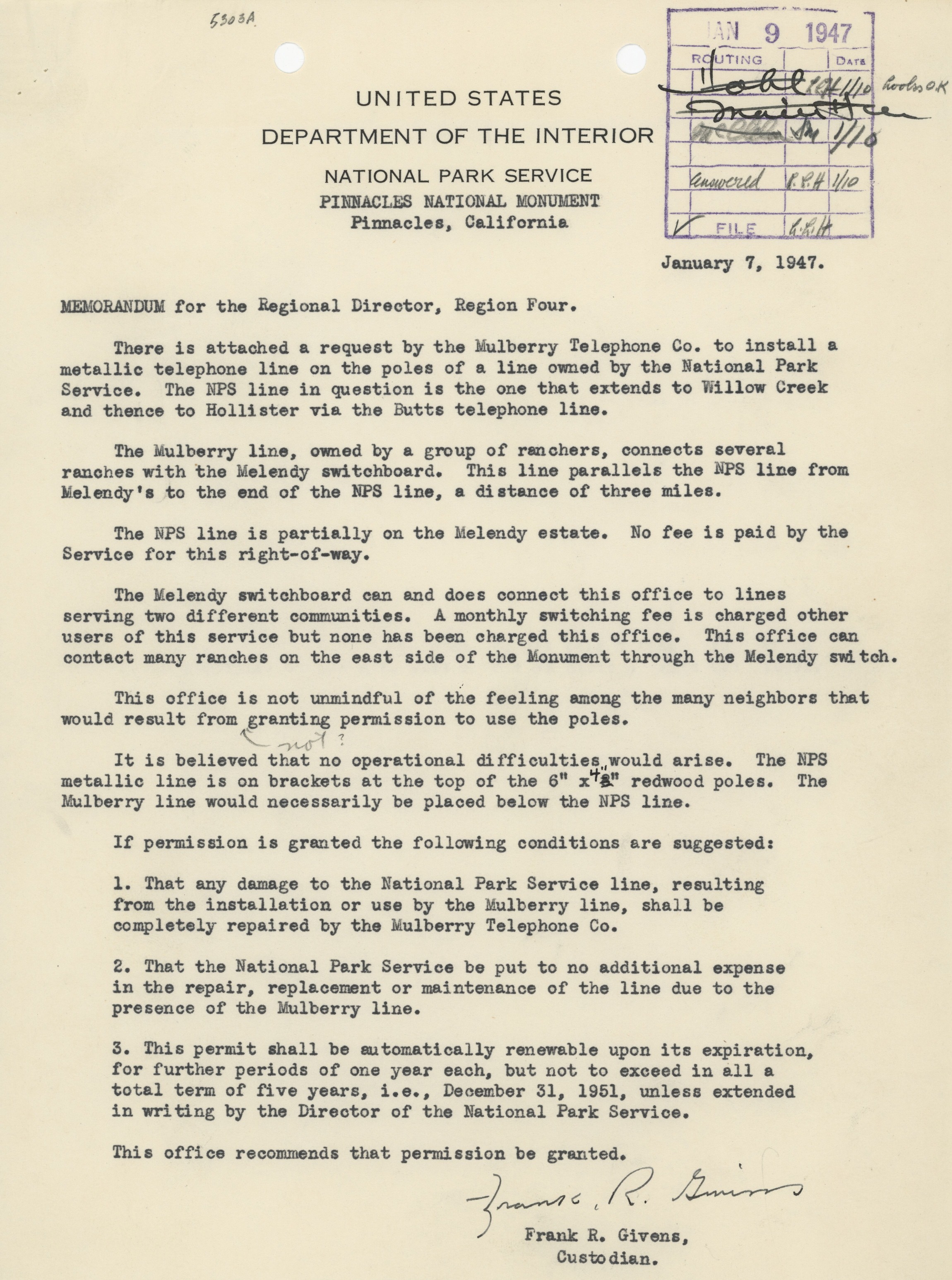 Mulberry Telephone Company Telephone Line Installation Memorandum