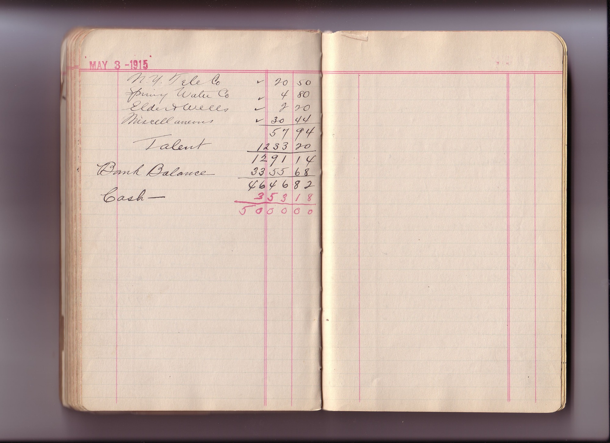 Thomas Edison's New York City Recording Studio Cash Book 11 (of 21), Image 85 (of 89).