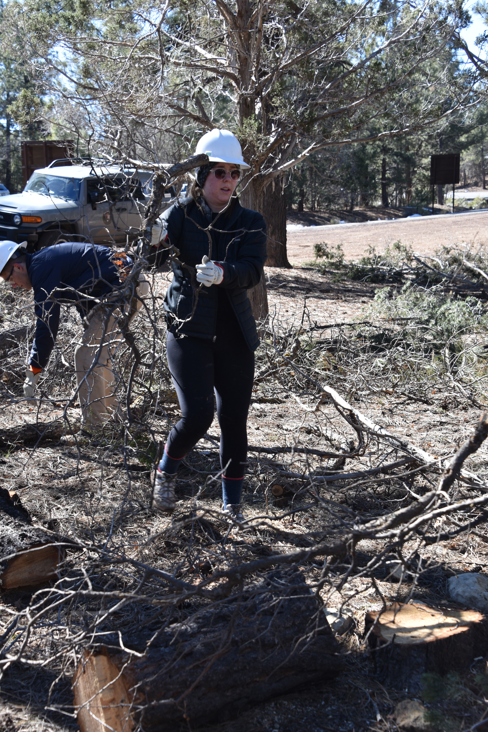 Two students wearing hardhats, glasses and gloves carrying parts of downed trees to burn piles.