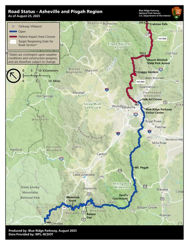 Map showing open and closed sections and target reopening dates for the Parkway in the Asheville/Pisgah region of NC. 