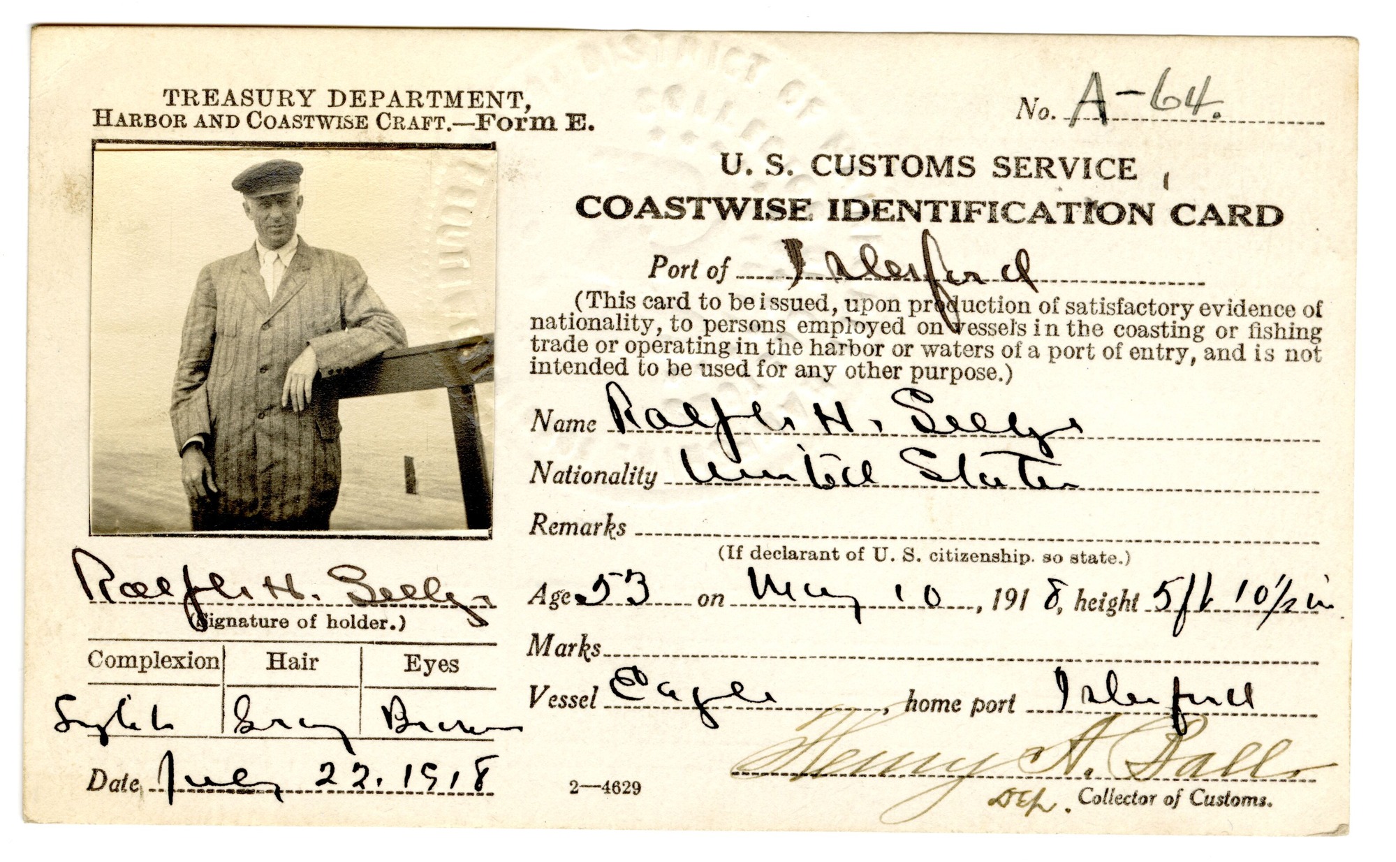 Ralph H. Seely 1918 Coastwise Identification Card