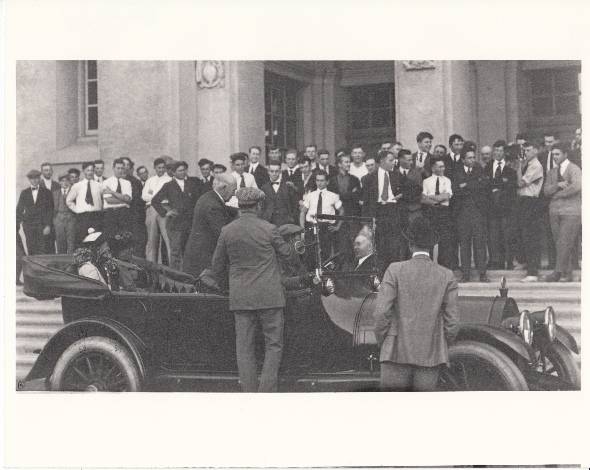 Thomas Edison getting out of a car at Throop Institute of Technology on California trip.